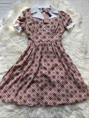 Miu Miu Prada Pink Plaid Dress with White Collar and Cuffs NFC